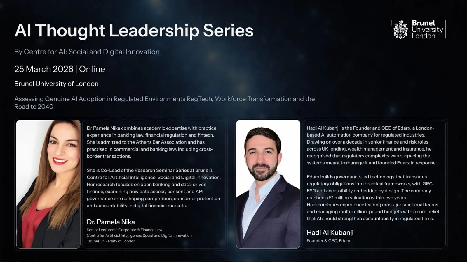 AI Thought Leadership Series banner. Brunel University London, 25 March 2026, with Dr Pamela Nika and Hadi Al Kubanji.